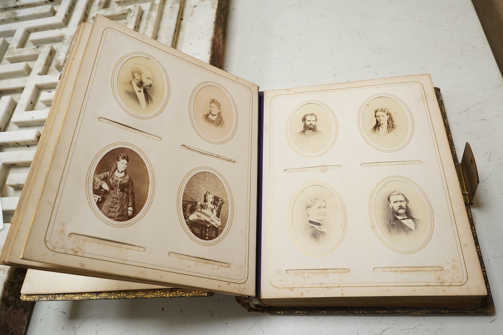 A Victorian malachite mounted amboyna family photograph album, 23cm x 30cm